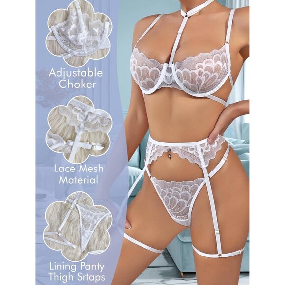 Women's White Sexy Lingerie Set Push Up Lace Garter Belt Bra And Panty Set - Picture 3 of 6